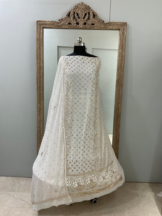 Pure Georgette Badla Mukaish and Pearl Shirt and Dupatta Off White