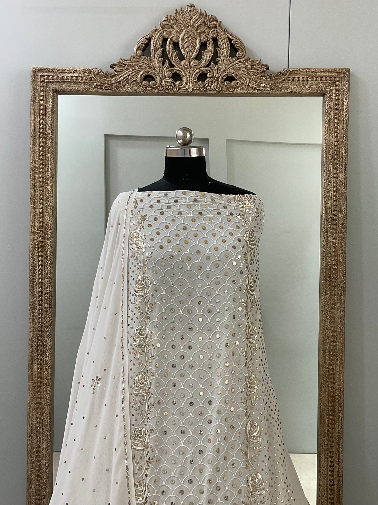 Pure Georgette Badla Mukaish and Pearl Shirt and Dupatta Off White