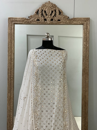 Pure Georgette Badla Mukaish and Pearl Shirt and Dupatta Off White