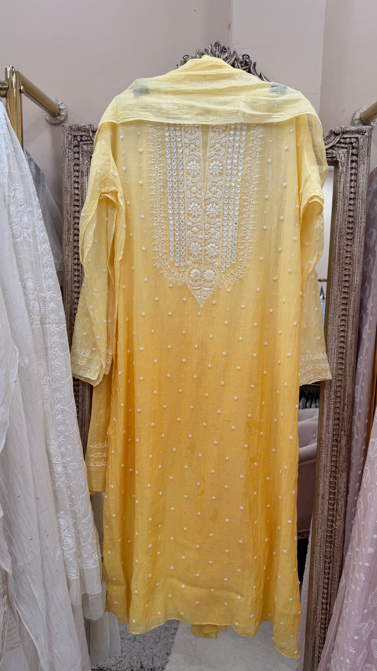 Pure Mulmul Cotton Semistiched Kurta Pearl And Addon Work With Dupatta Yellow