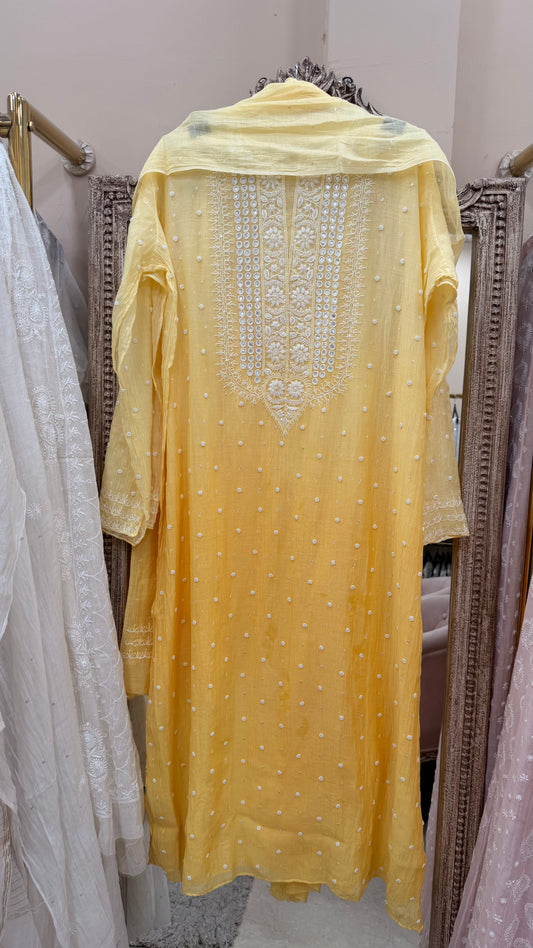 Pure Mulmul Cotton Semistiched Kurta Pearl And Addon Work With Dupatta Yellow