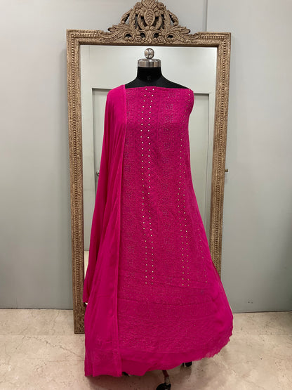 Chickan Mukaish Georgette Straigth Shirt And Dupatta Pink