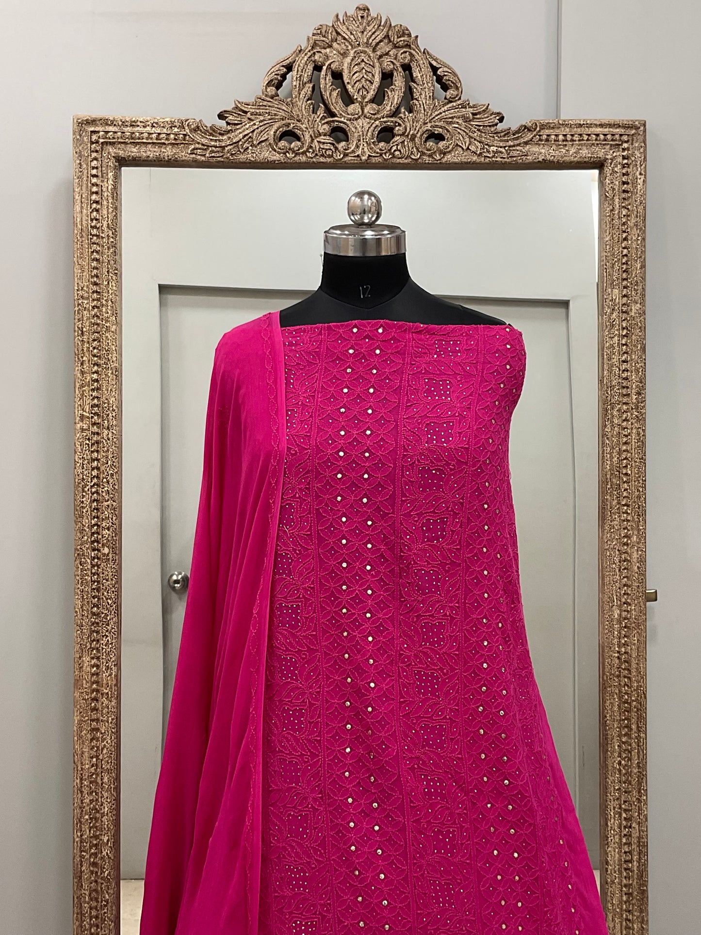 Chickan Mukaish Georgette Straigth Shirt And Dupatta Pink