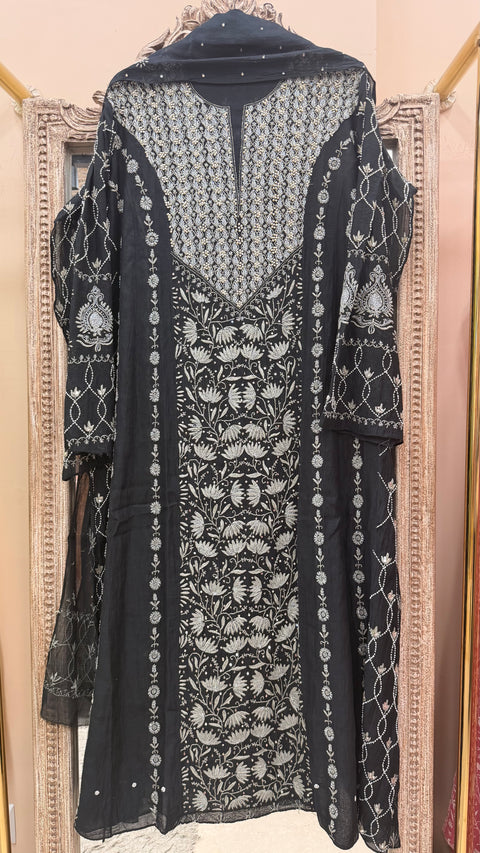 Pure Mulmul Cotton Anarkali Pearl And Addon Work With Dupatta Black