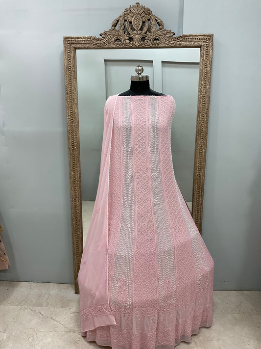 Georgette Anarkali Heavy Pearl And Cutdana Work Pink