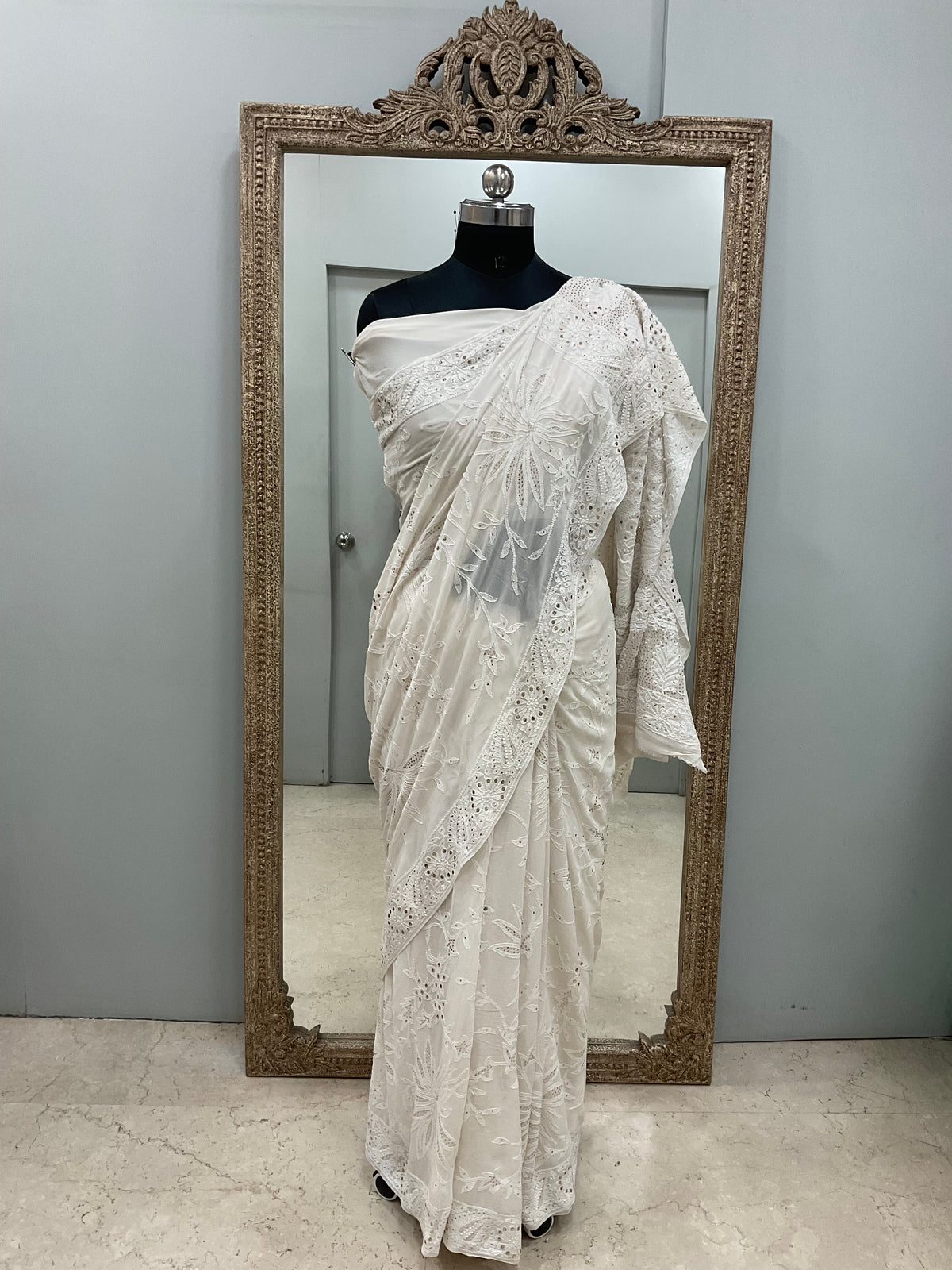 Pure Georgette Saree Mukaish work Off White 02