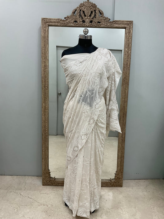 Pure Georgette Saree Mukaish work Off White 02