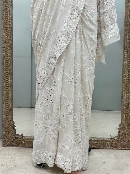 Pure Georgette Saree Mukaish work Off White 02