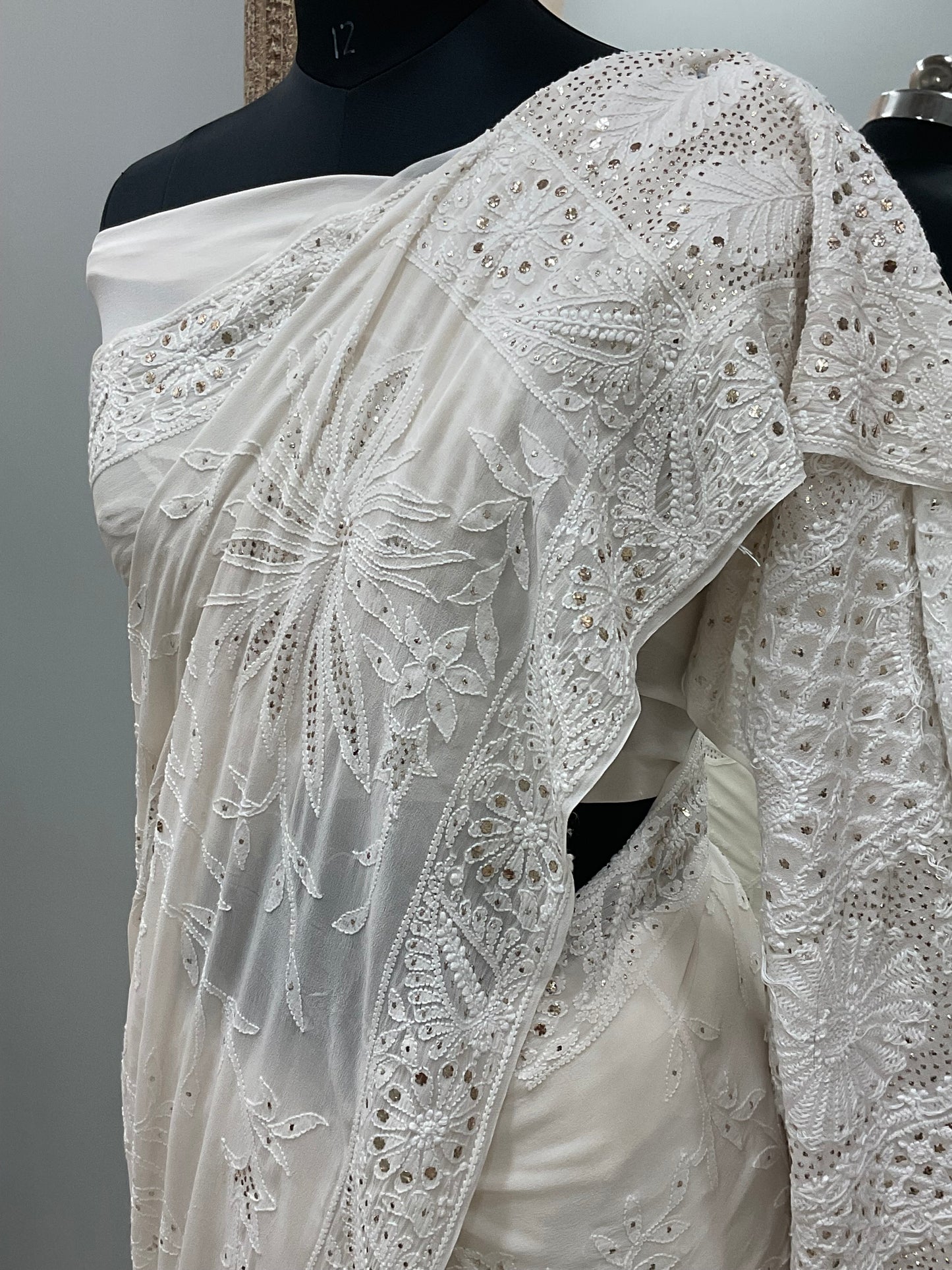 Pure Georgette Saree Mukaish work Off White 02
