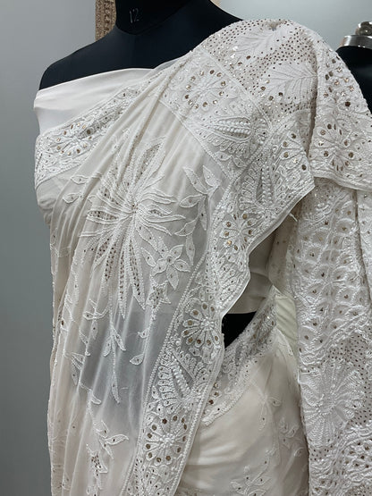 Pure Georgette Saree Mukaish work Off White 02