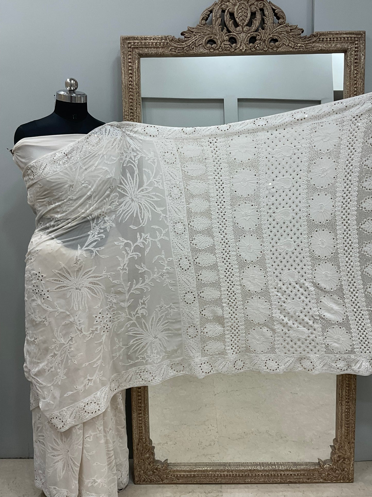 Pure Georgette Saree Mukaish work Off White 02
