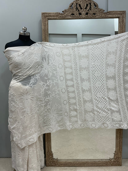 Pure Georgette Saree Mukaish work Off White 02