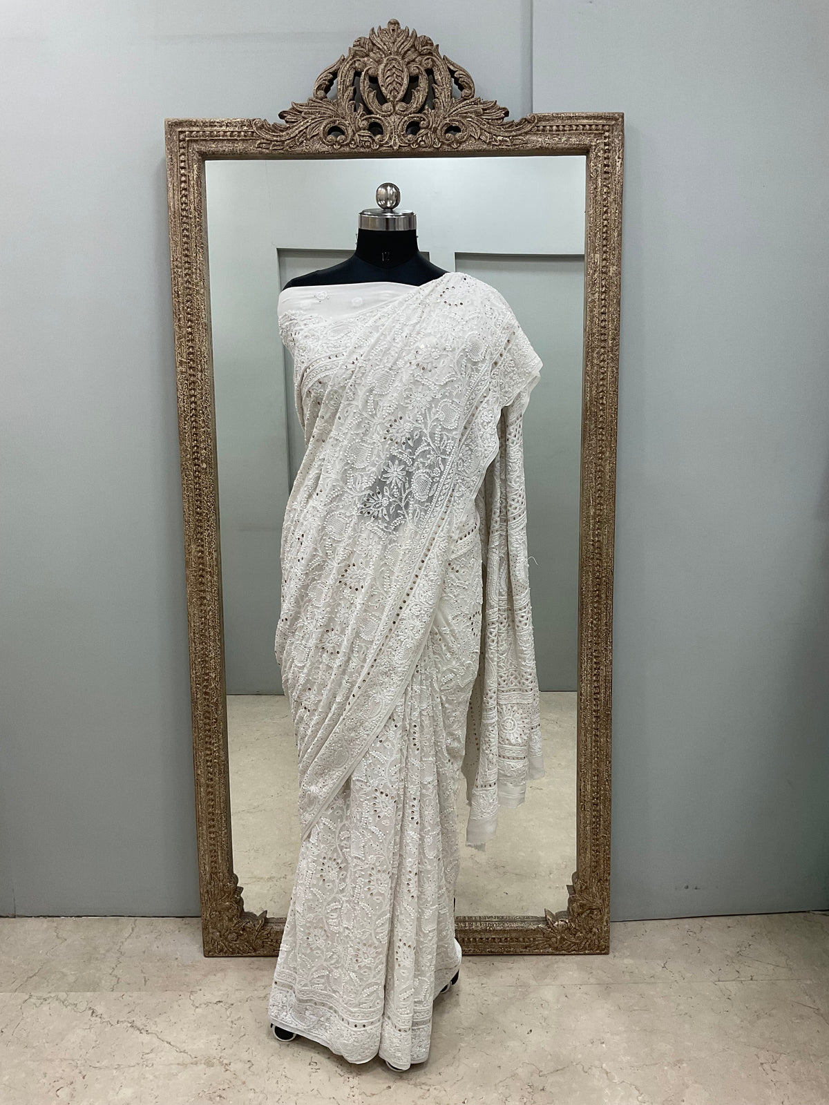 Pure Georgette Saree Mukaish work Off White 03