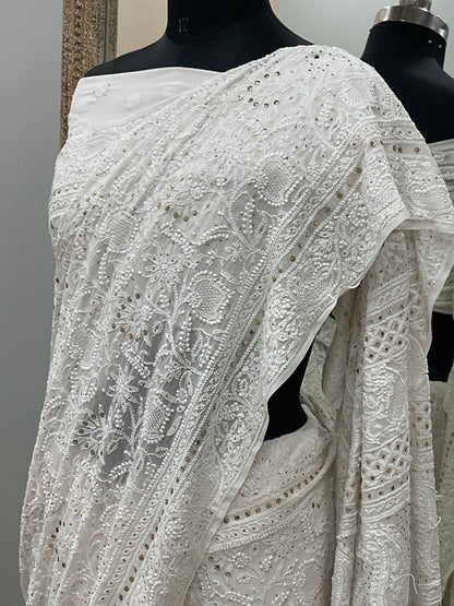 Pure Georgette Saree Mukaish work Off White 03