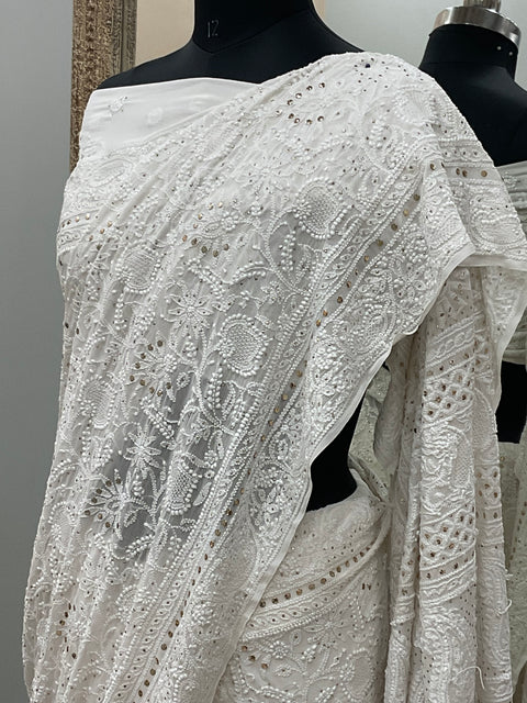 Pure Georgette Saree Mukaish work Off White 03