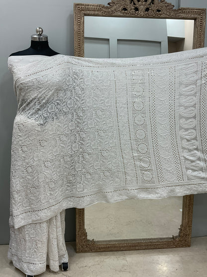 Pure Georgette Saree Mukaish work Off White 03