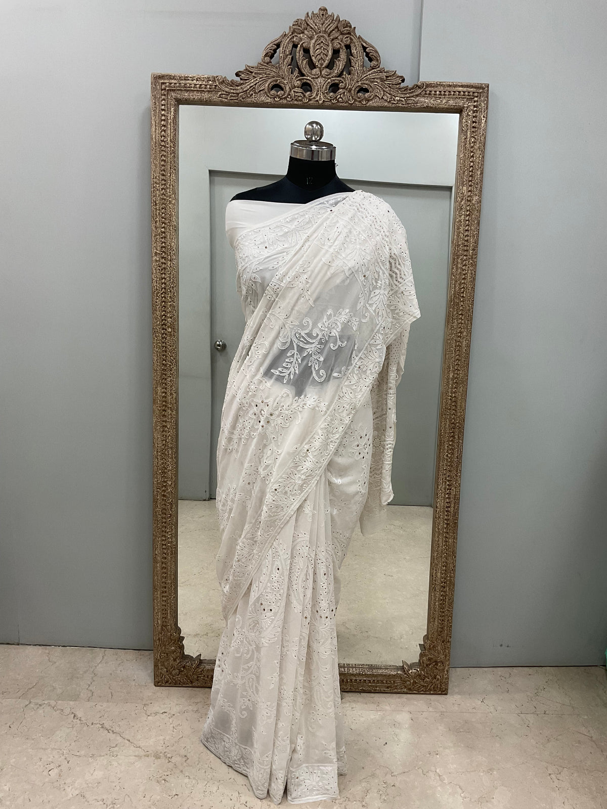 Pure Georgette Saree Mukaish work Off White 01