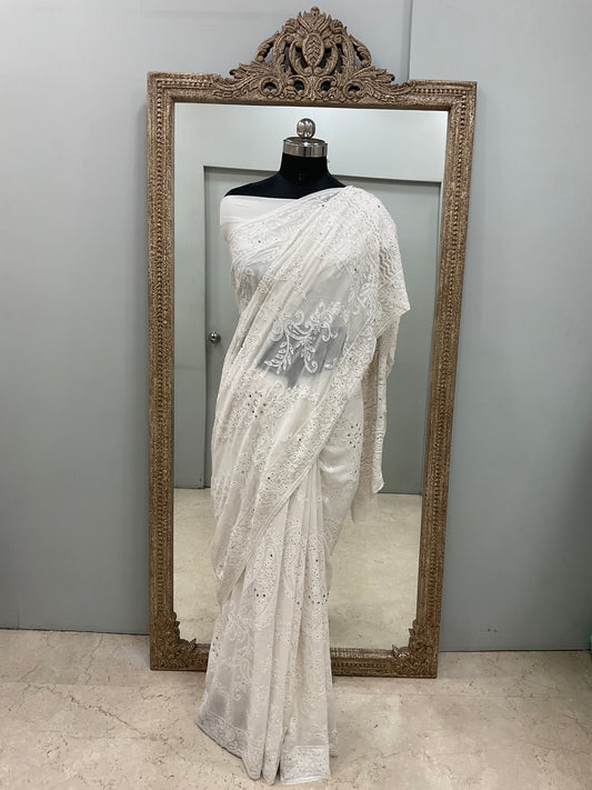 Pure Georgette Saree Mukaish work Off White 01