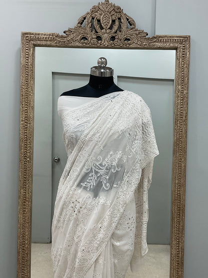 Pure Georgette Saree Mukaish work Off White 01