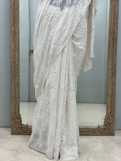 Pure Georgette Saree Mukaish work Off White 01