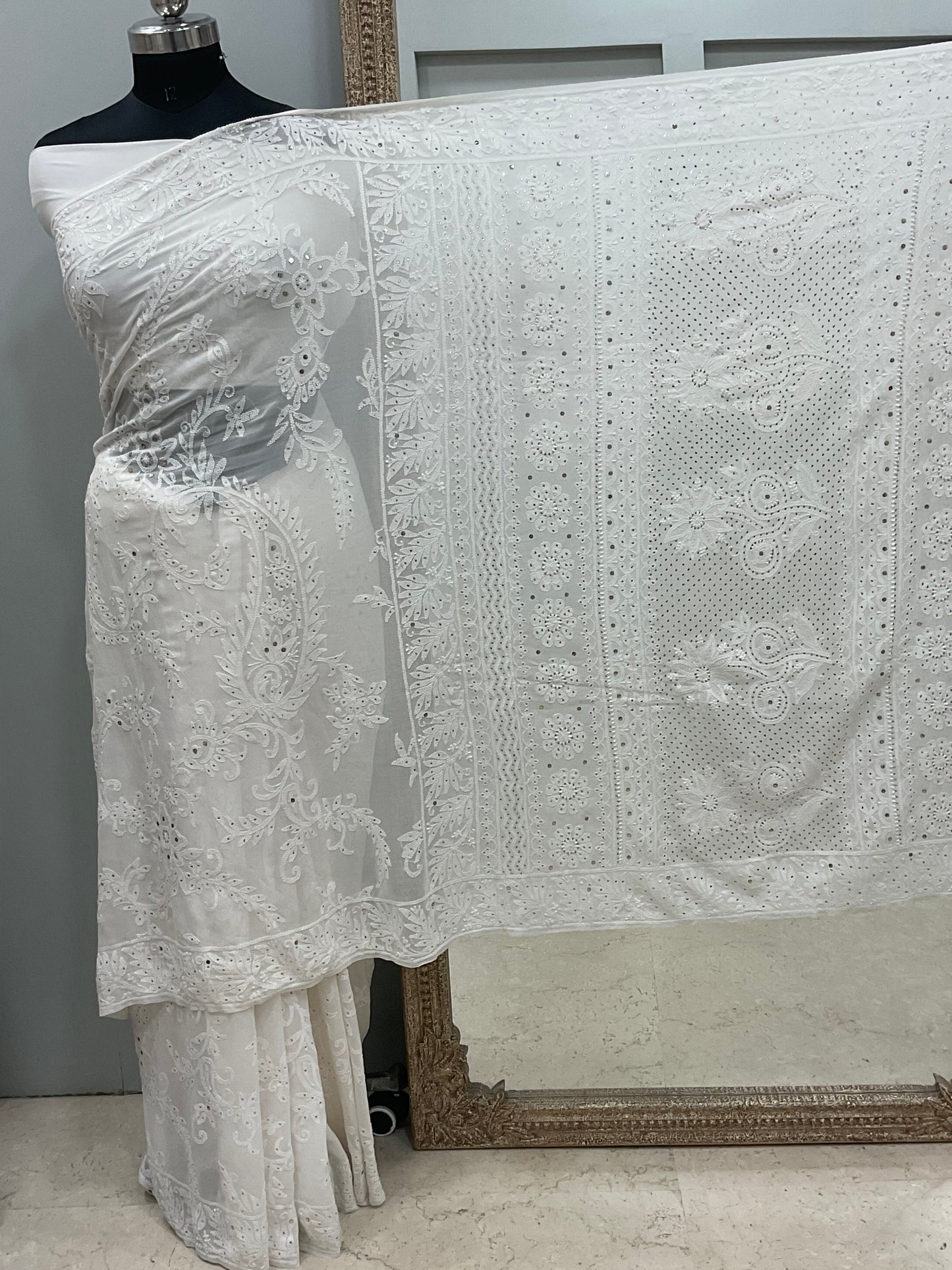 Pure Georgette Saree Mukaish work Off White 01
