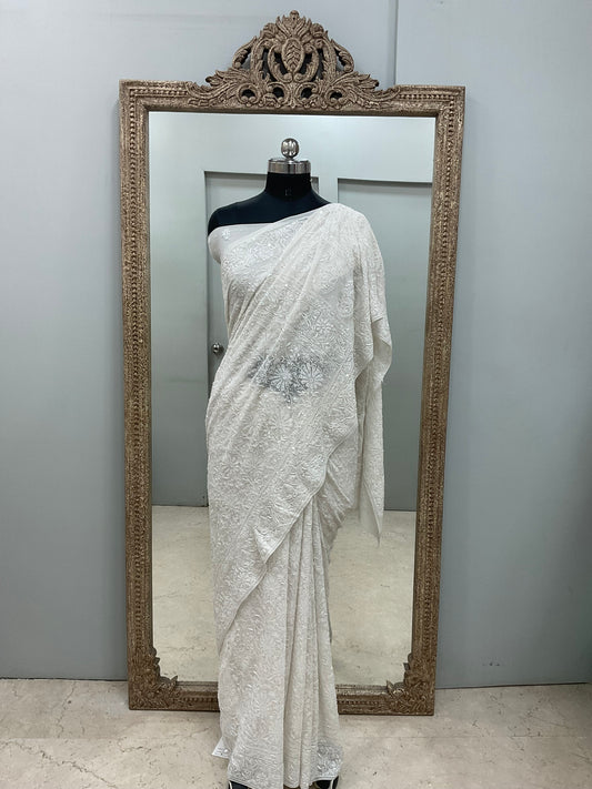 Pure Georgette Saree Superfine Work full jaal with Heavy Cutdana and Sequence White 02