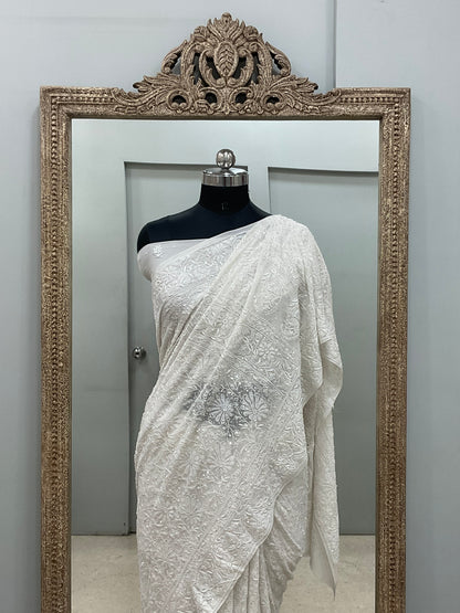 Pure Georgette Saree Superfine Work full jaal with Heavy Cutdana and Sequence White 02