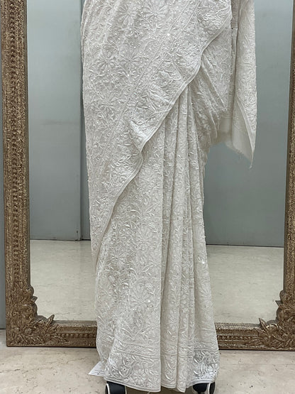 Pure Georgette Saree Superfine Work full jaal with Heavy Cutdana and Sequence White 02