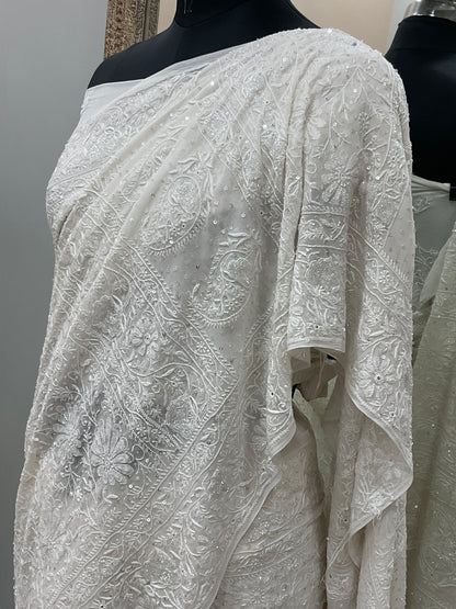 Pure Georgette Saree Superfine Work full jaal with Heavy Cutdana and Sequence White 02