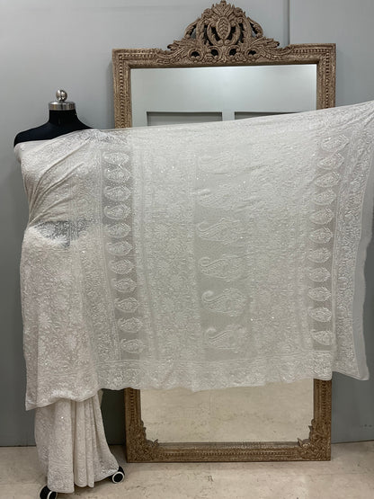 Pure Georgette Saree Superfine Work full jaal with Heavy Cutdana and Sequence White 02