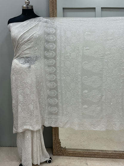 Pure Georgette Saree Superfine Work full jaal with Heavy Cutdana and Sequence White 02