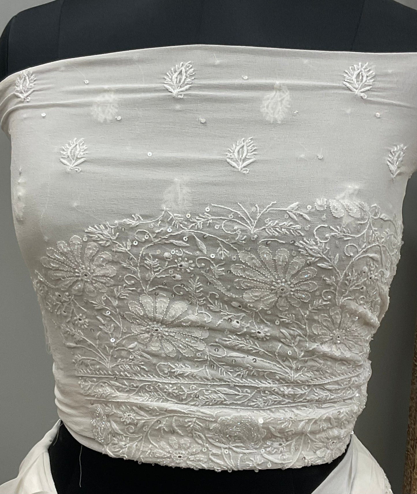 Pure Georgette Saree Superfine Work full jaal with Heavy Cutdana and Sequence White 02