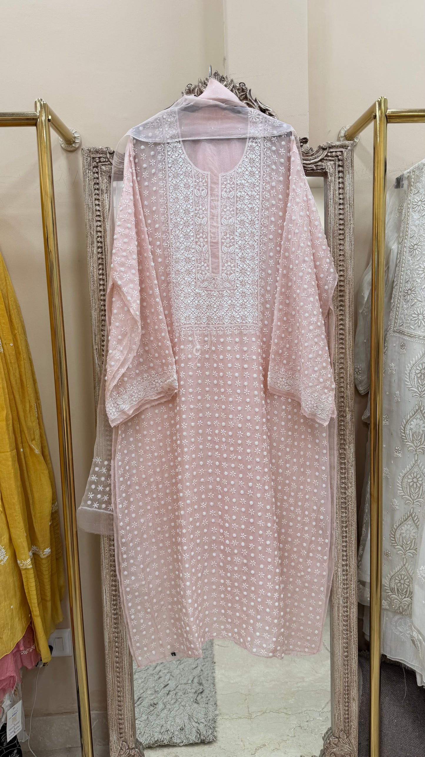 Pure Organza Semistiched Straight With Chickan And Addon Work With Dupatta Pink