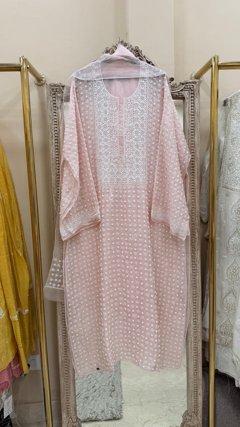 Pure Organza Semistiched Straight With Chickan And Addon Work With Dupatta Pink