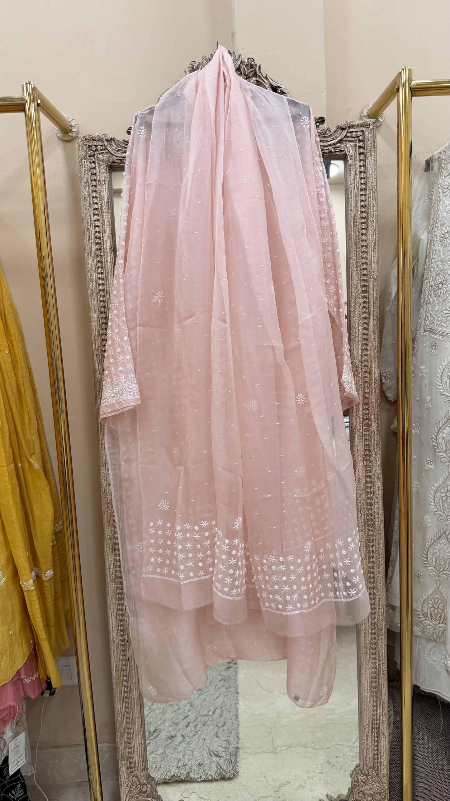 Pure Organza Semistiched Straight With Chickan And Addon Work With Dupatta Pink