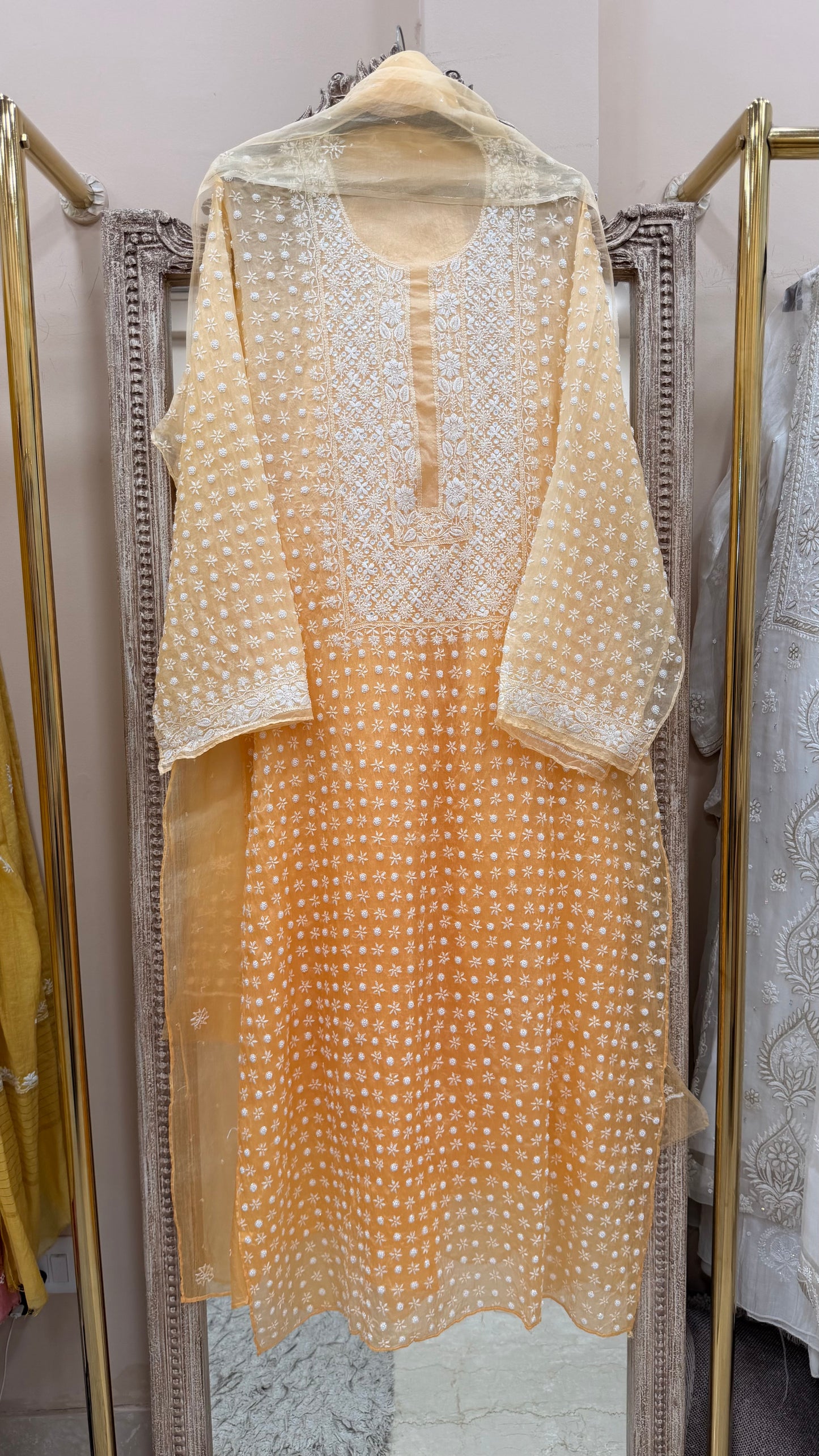 Pure Organza Semistiched Straight With Chickan And Addon Work With Dupatta Orange