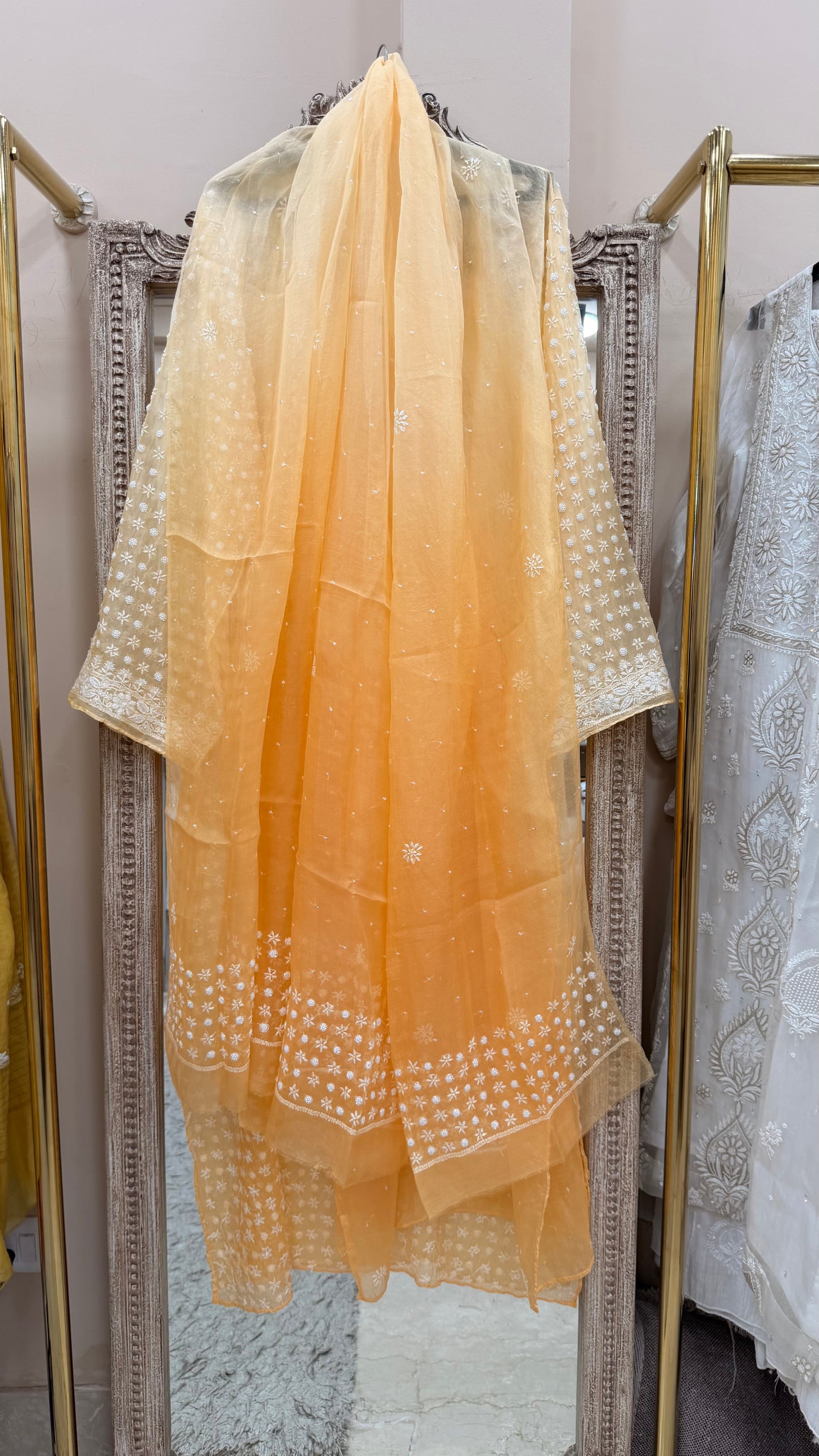 Pure Organza Semistiched Straight With Chickan And Addon Work With Dupatta Orange