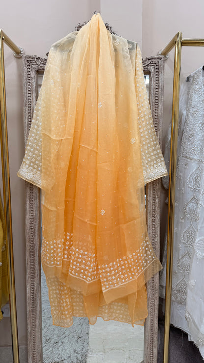 Pure Organza Semistiched Straight With Chickan And Addon Work With Dupatta Orange