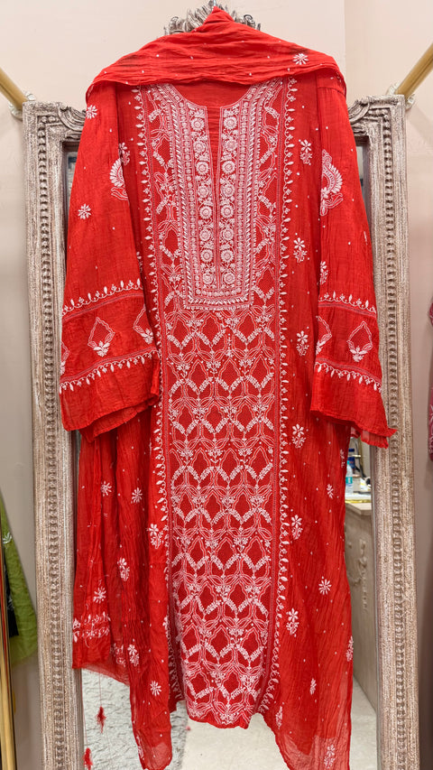 Pure Mulmul Semistiched Kurta Heavy Pearl And Addon With Jaali Work With Dupatta Red