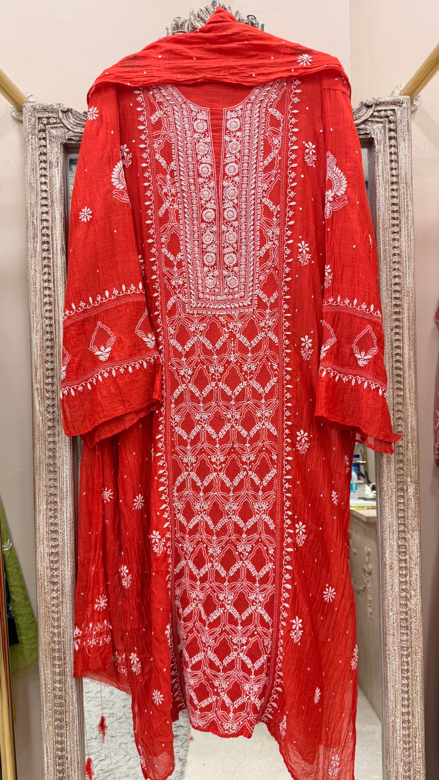 Pure Mulmul Cotton Semistiched Kurta Pearl Sequence And Jaali Work With Dupatta Red