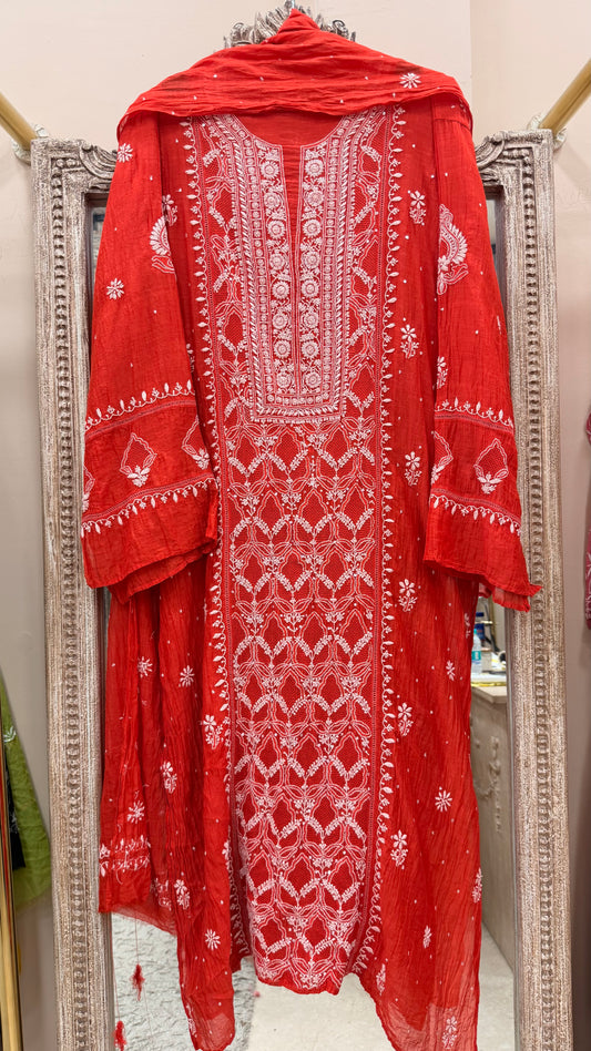 Pure Mulmul Cotton Semistiched Kurta Pearl Sequence And Jaali Work With Dupatta Red