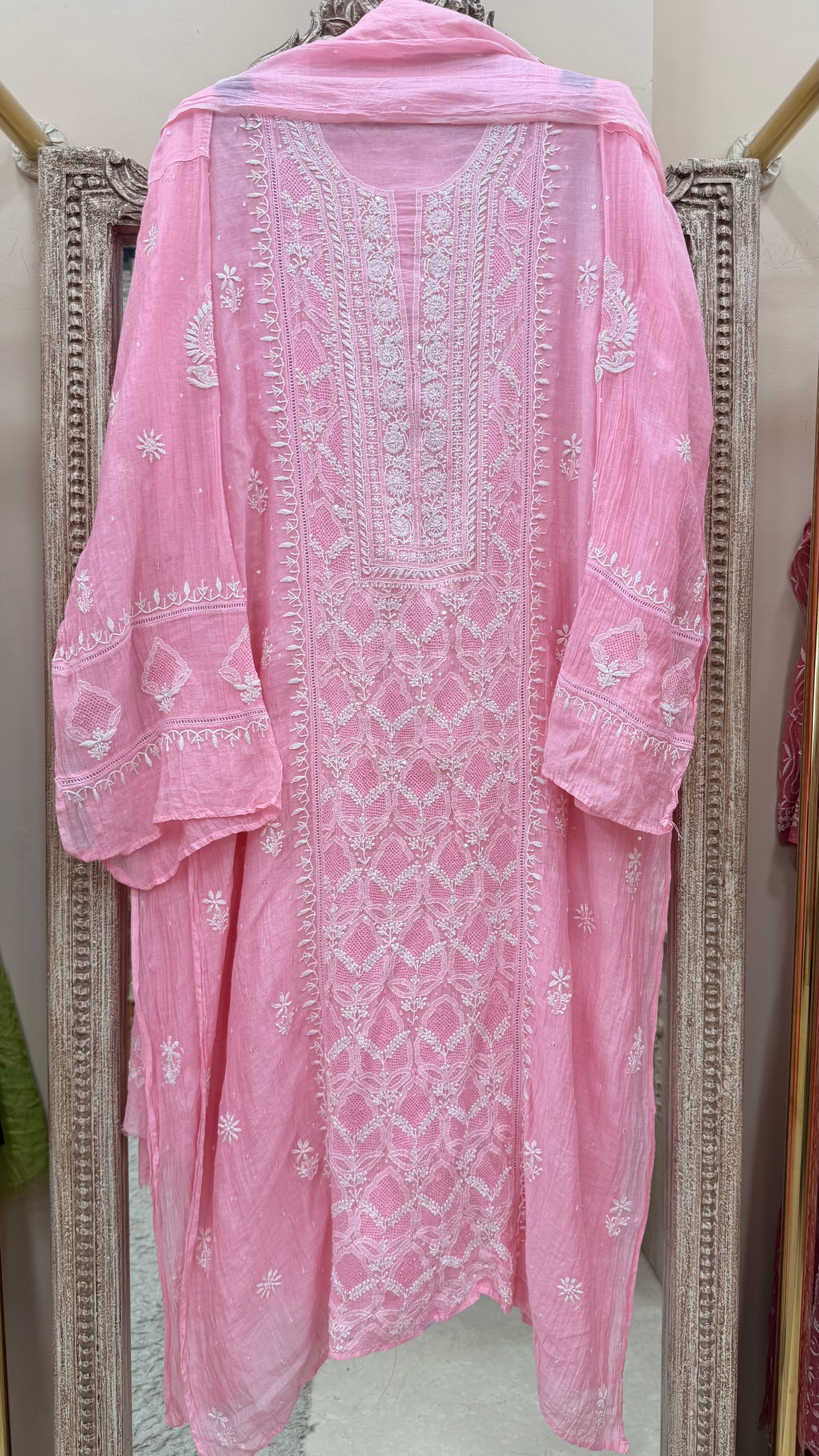 Pure Mulmul Semistiched Kurta Heavy Pearl And Addon With Jaali Work With Dupatta Pink