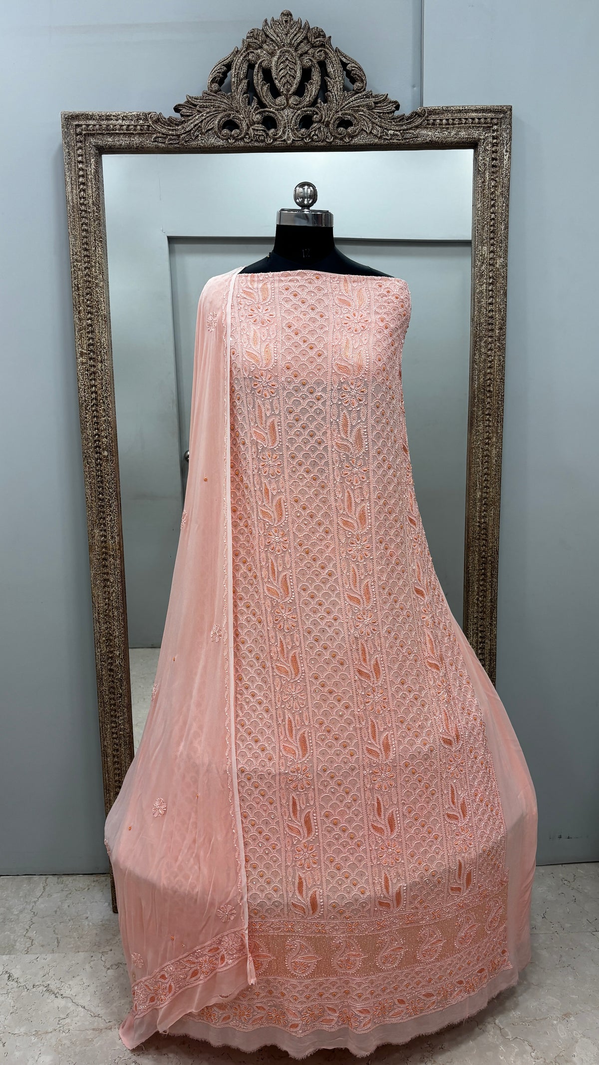 Georgette Straight Cutdana and Sequence Work Peach