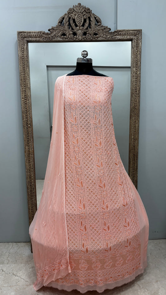 Georgette Straight Cutdana and Sequence Work Peach