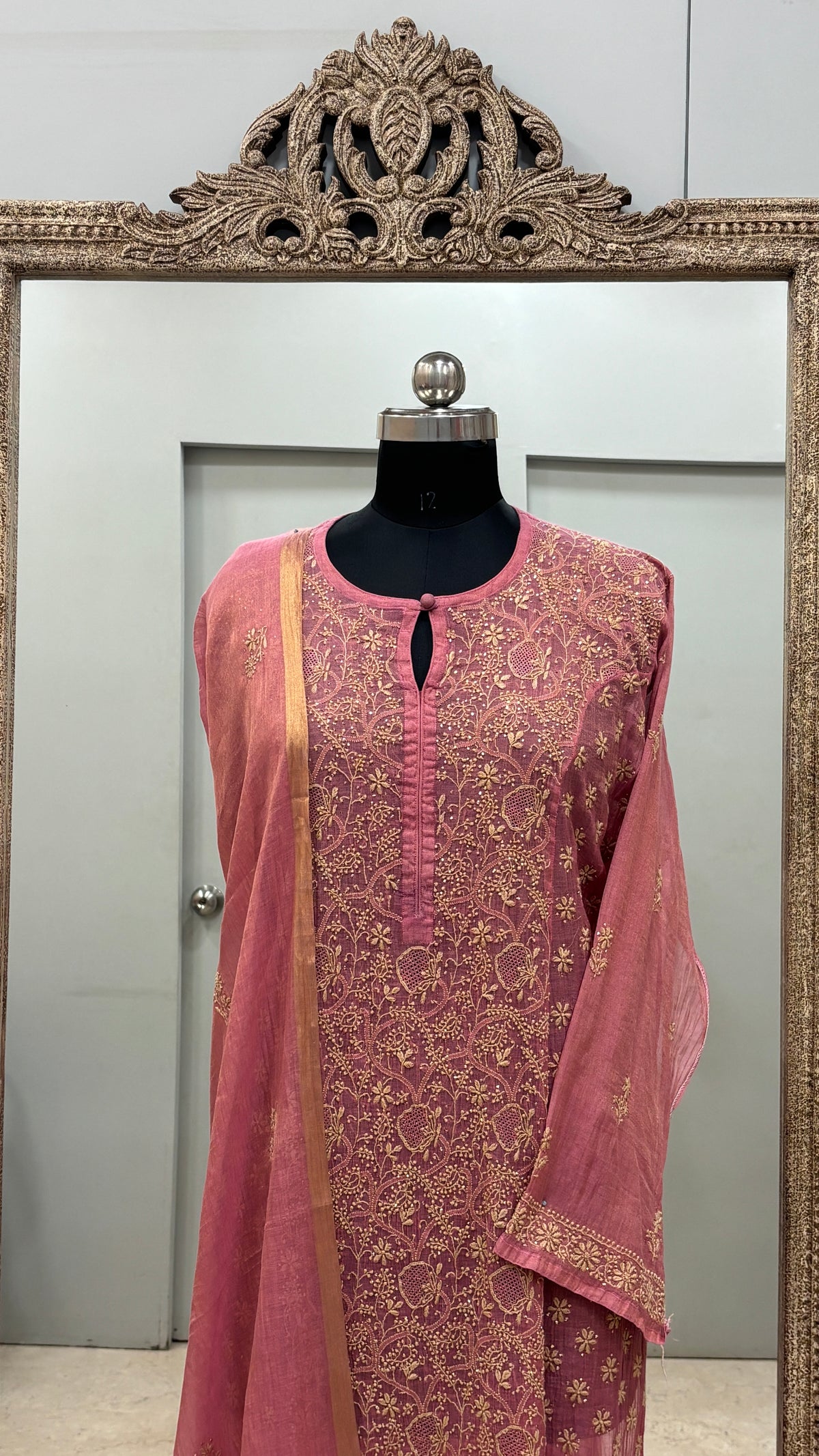 Tissue Semistihed Straight Chikan Jali Work Shirt And Dupatta Rust