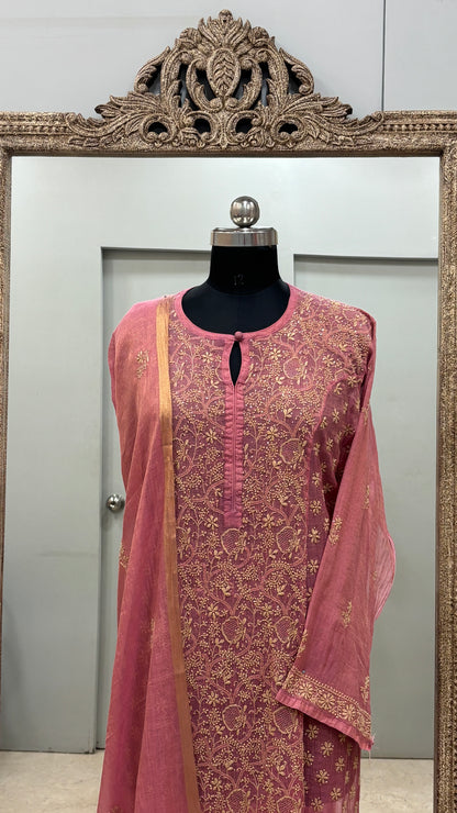 Tissue Semistihed Straight Chikan Jali Work Shirt And Dupatta Rust