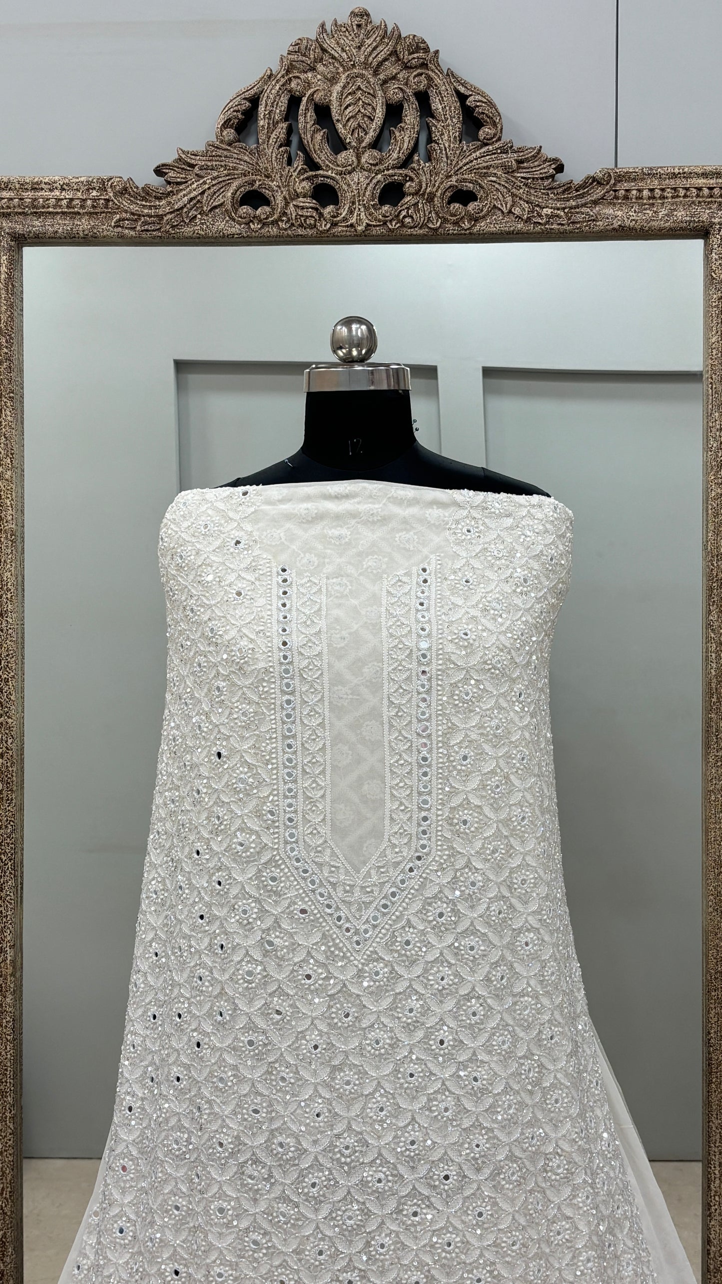 Premium Gents Kurta Pure Georgette Heavy Sequence Pearl and Mirror Off-White