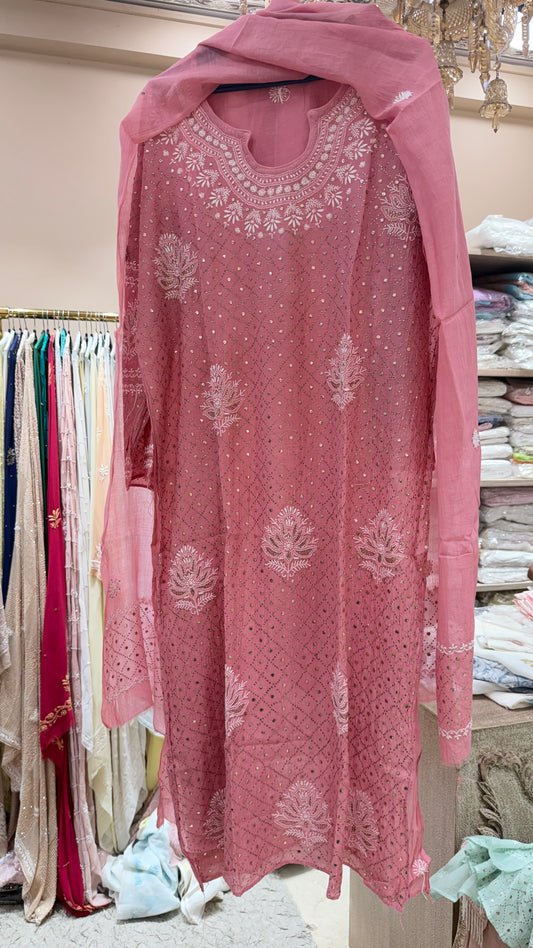 Pure Mulmul Straight Shirt Heavy Chikan Mukaish Work With Dupatta Red