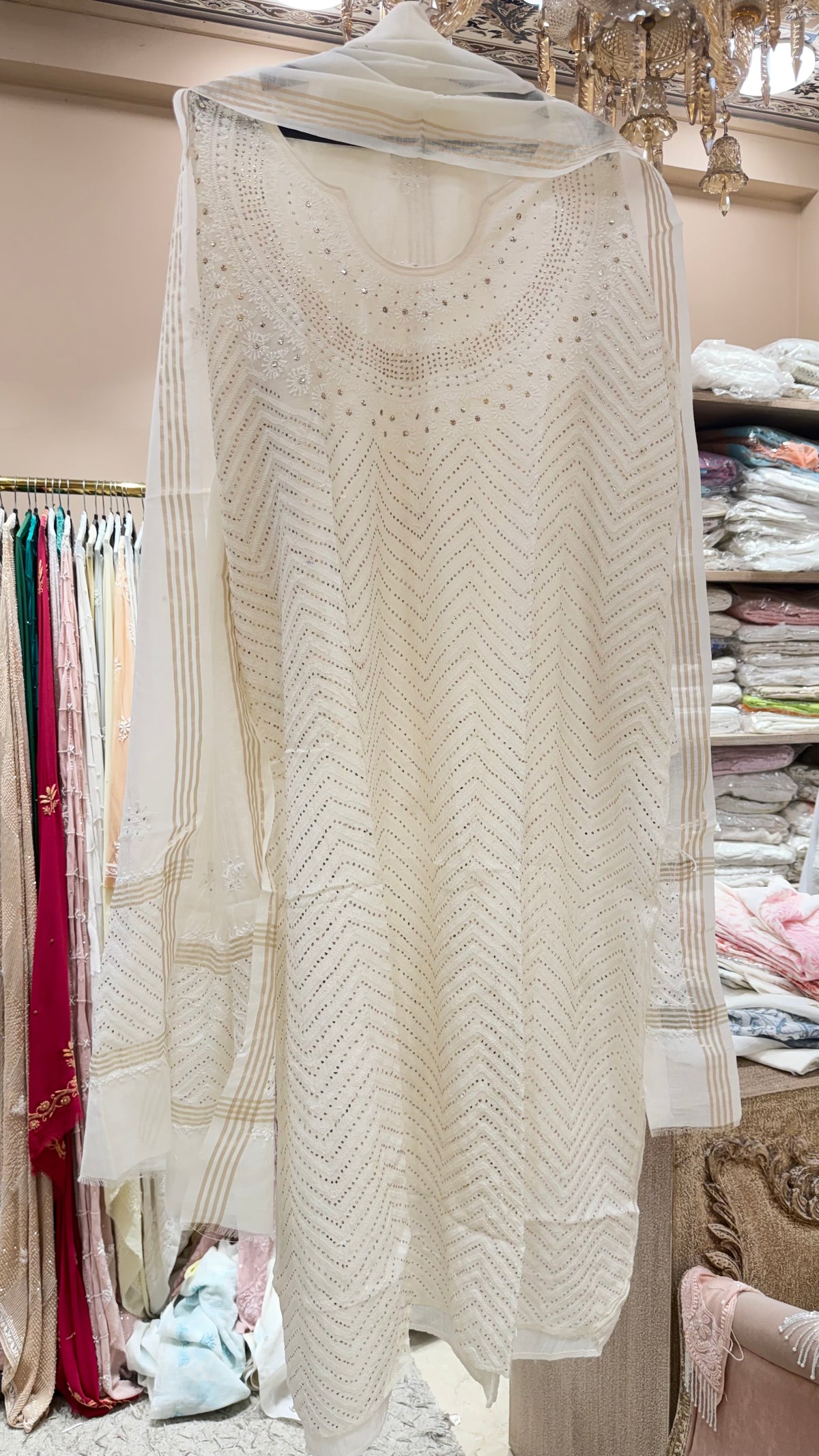 Pure Mulmul Straight Shirt Heavy Chikan Mukaish Work With Dupatta White