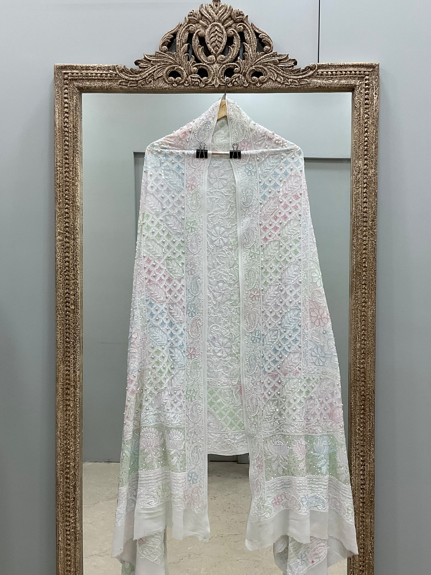 Heavy Designer Multicolored Cutdana Dupatta Off White
